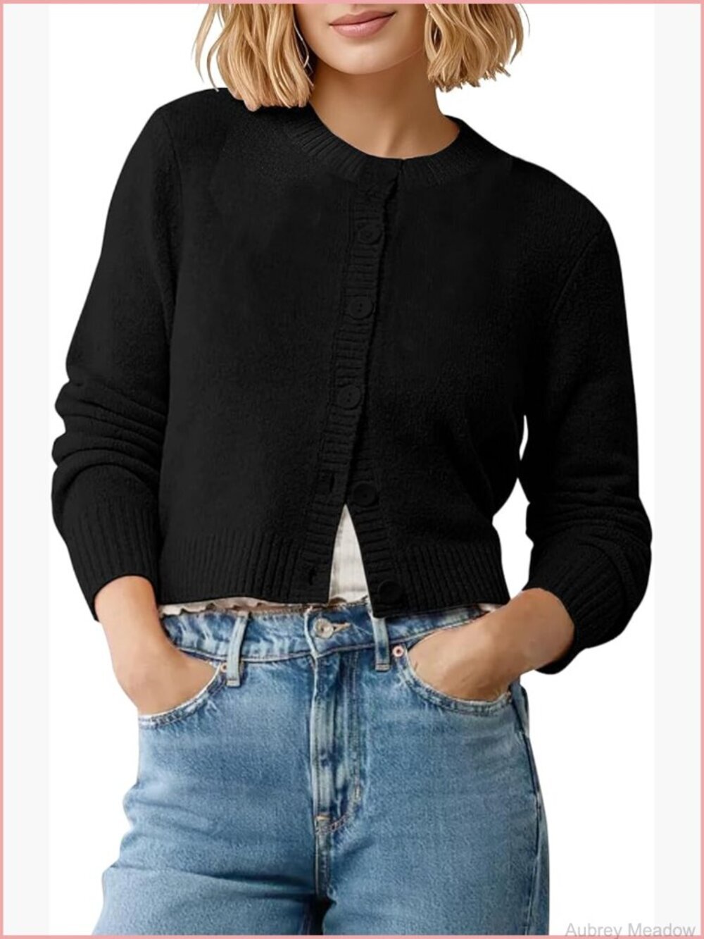 Long Sleeve Cropped Cardigan Sweater Crew Neck Button-Down Shrug